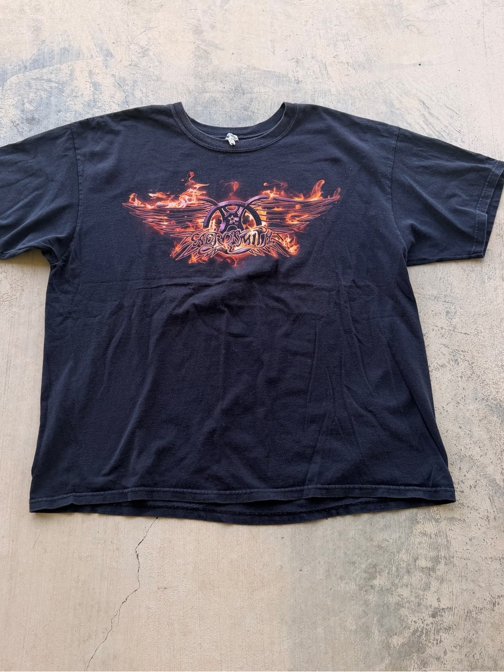 Vintage Aerosmith Anvil Black Short Sleeve Tee with Orange Flame Wing Graphic